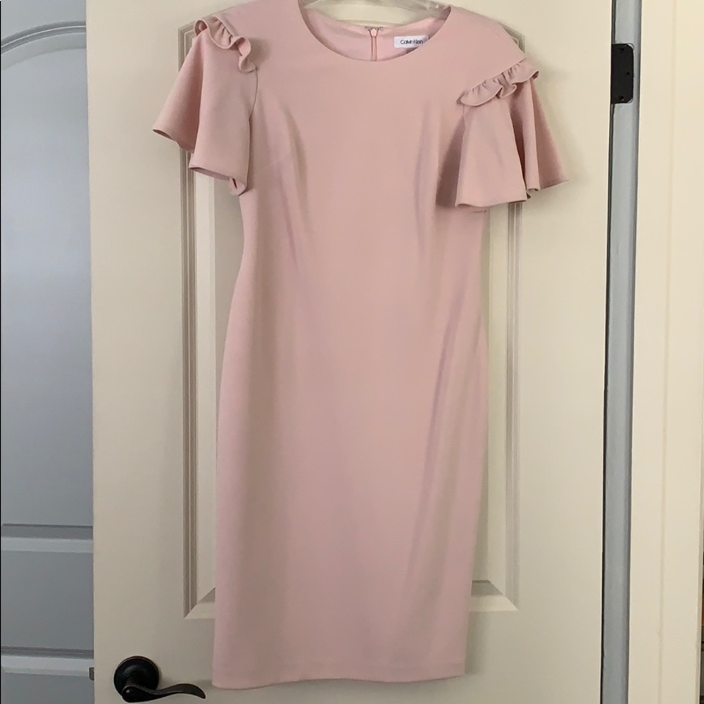 Pink Calvin Klein Dress with Ruffle Shoulders